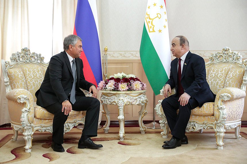 Chairman of the State Duma Viacheslav Volodin and Chairman of the Majlisi namoyandagon of Majlisi Oli Shukurjon Zuhurov