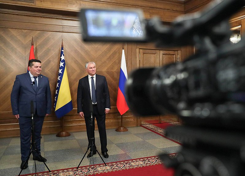 Chairman of the State Duma Vyacheslav Volodin and Speaker of the National Assembly of Republika Srpska (Bosnia and Herzegovina) Nenad Stevandić