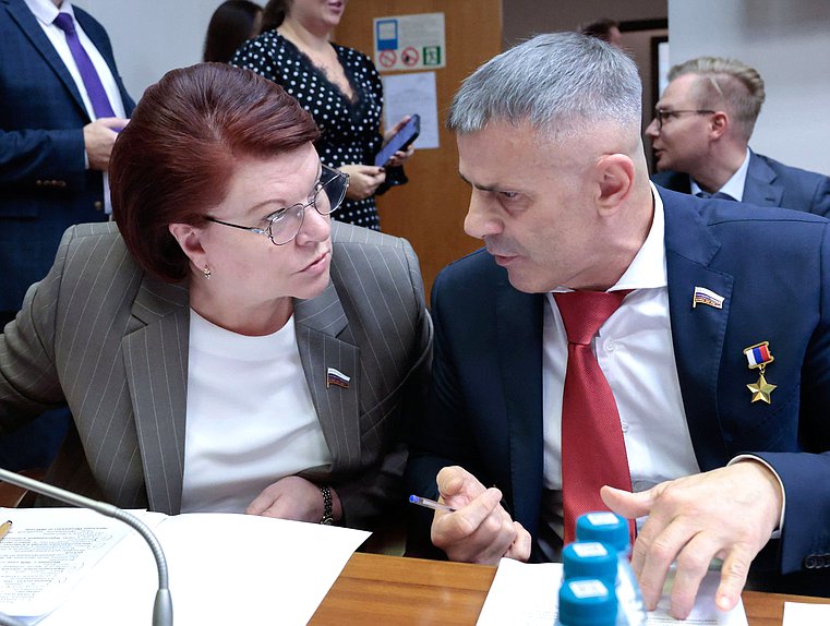 Заместитель Председателя Комитета Комитета по труду, социальной политике и делам ветеранов Марина Оргеева и член Комитета по контролю Андрей Козлов