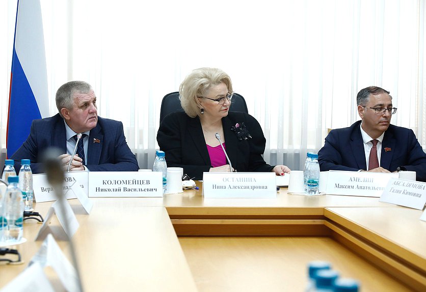 Первый заместитель Председателя Комитета по труду, социальной политике и делам ветеранов Николай Коломейцев и Председатель Комитета по защите семьи, вопросам отцовства, материнства и детства Нина Останина