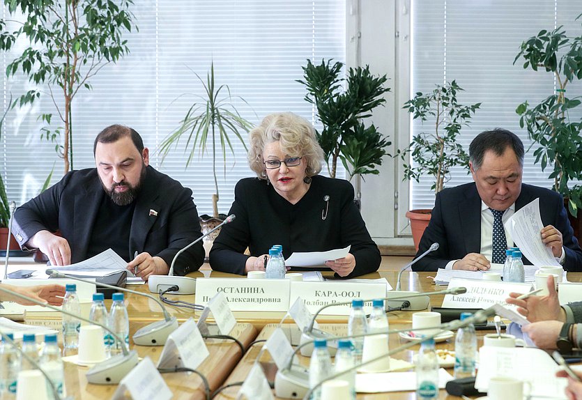 Член Комитета по охране здоровья Бийсултан Хамзаев, Председатель Комитета по защите семьи, вопросам отцовства, материнства и детства Нина Останина и заместитель Председателя Государственной Думы Шолбан Кара-оол