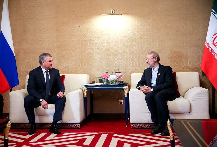 Chairman of the State Duma Viacheslav Volodin and Speaker of the Islamic Consultative Assembly of the Islamic Republic of Iran Ali Ardeshir Larijani