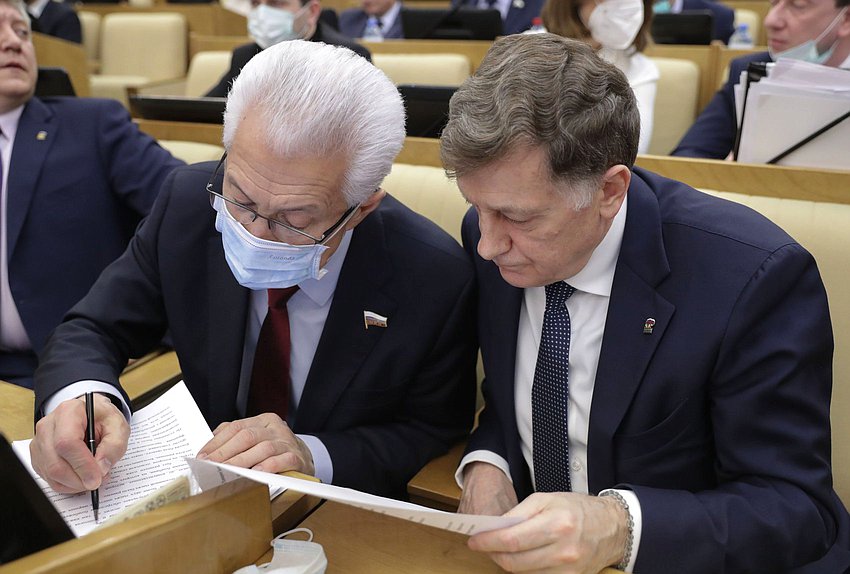Руководитель фракции «Единая Россия» Владимир Васильев и член Комитета по финансовому рынку Вячеслав Макаров