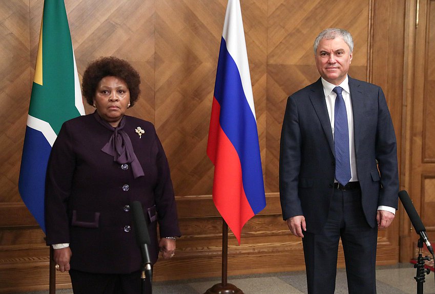 Chairman of the State Duma Vyacheslav Volodin and Speaker of the National Assembly of the Parliament of the Republic of South Africa Nosiviwe Mapisa-Nqakula