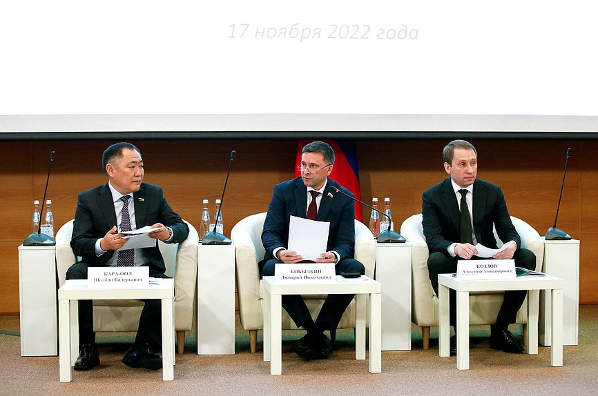 Заместитель Председателя Государственной Думы Шолбан Кара-оол, Председатель Комитета по экологии, природным ресурсам и охране окружающей среды Дмитрий Кобылкин и Министр природных ресурсов и экологии Александр Козлов