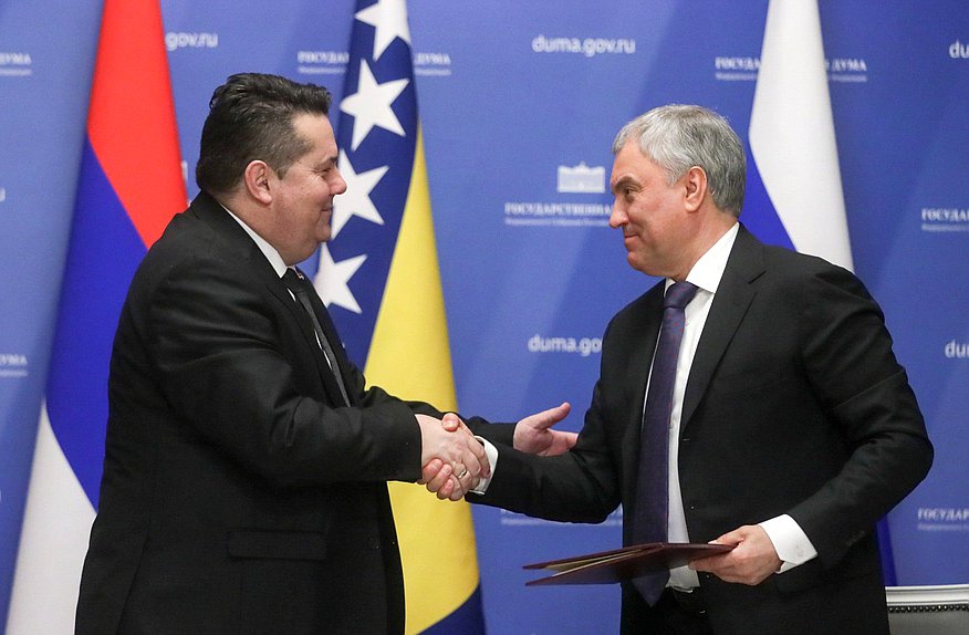 Chairman of the State Duma Vyacheslav Volodin and Speaker of the National Assembly of Republika Srpska (Bosnia and Herzegovina) Nenad Stevandić