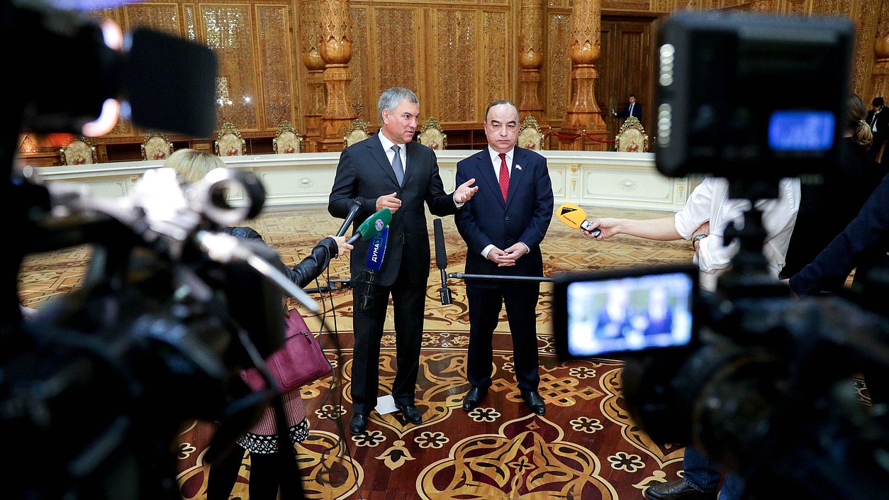 Chairman of the State Duma Viacheslav Volodin and Chairman of the Majlisi namoyandagon of Majlisi Oli Shukurjon Zuhurov