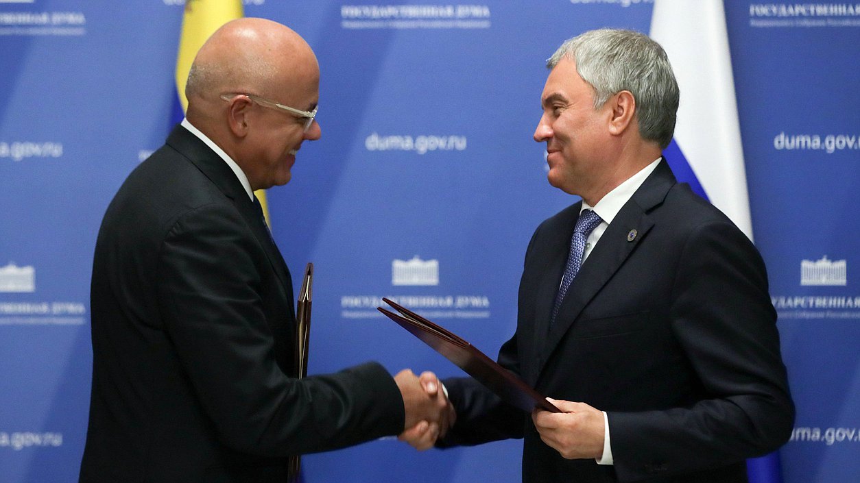 Chairman of the State Duma Vyacheslav Volodin and President of the National Assembly of the Bolivarian Republic of Venezuela Jorge Jesús Rodríguez Gómez