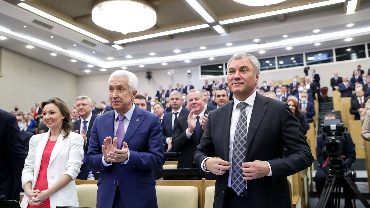 Chairman of the State Duma Vyacheslav Volodin, leader of the United Russia faction Vladimir Vasiliev and Deputy Chairwoman of the State Duma Anna Kuznetsova