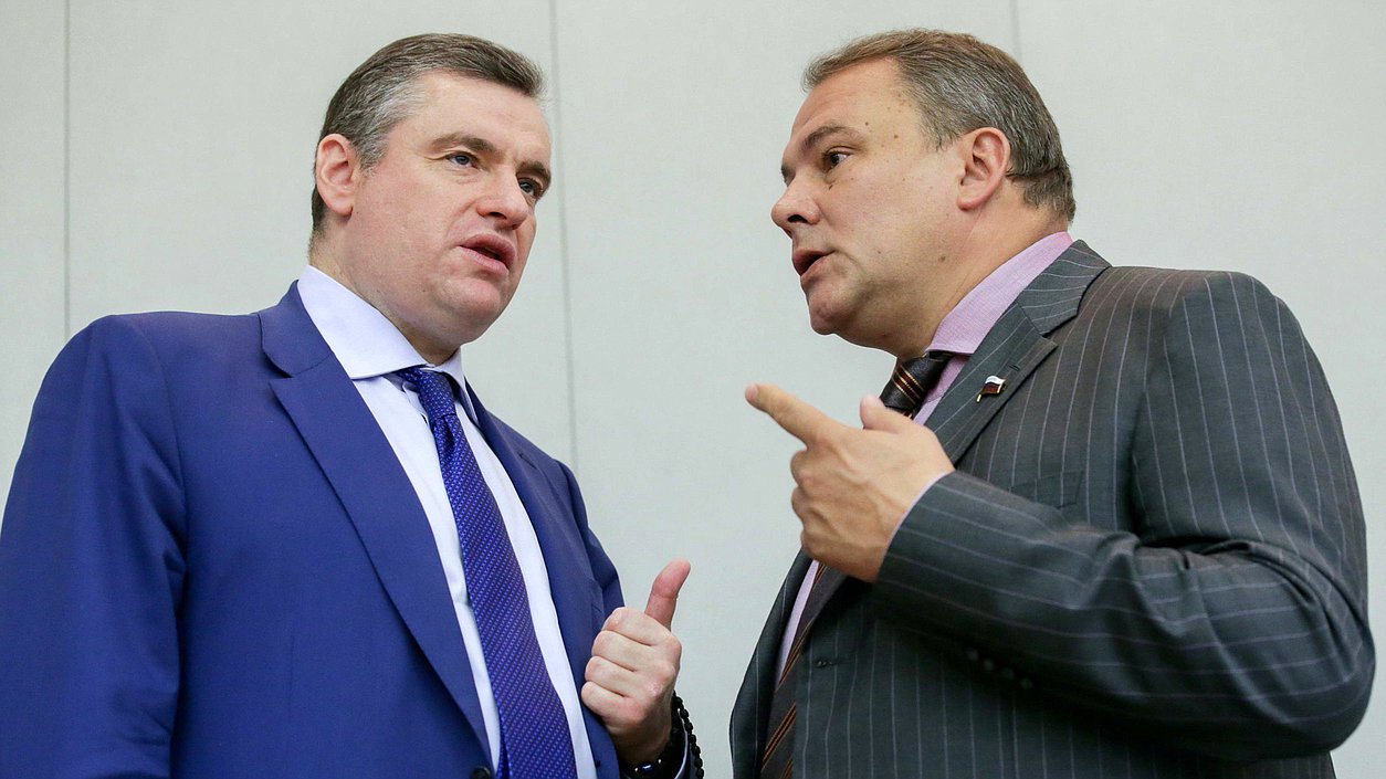 Deputy Chairman of the State Duma Petr Tolstoy and Chairman of the Committee on International Affairs Leonid Slutskiy