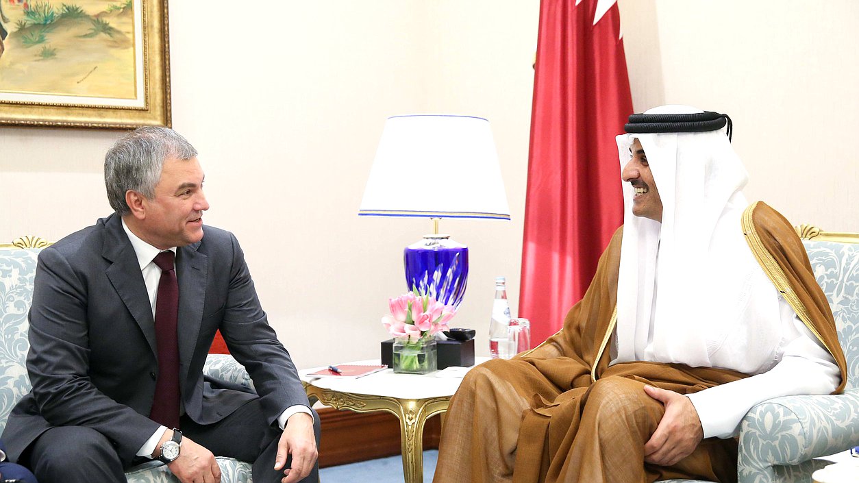 Chairman of the State Duma Viacheslav Volodin and Emir of Qatar Sheikh Tamim bin Hamad Al Thani