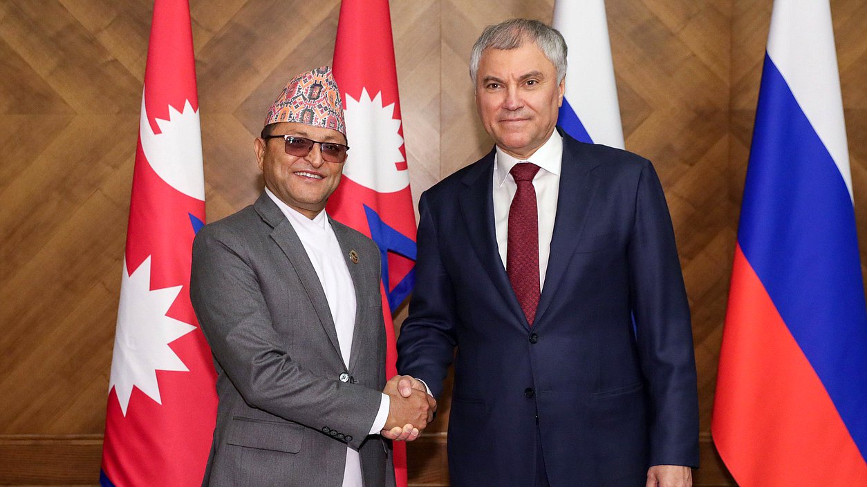 Chairman of the State Duma Vyacheslav Volodin and Chairman of the National Assembly of the Federal Parliament of Nepal Ganesh Prasad Timilsina