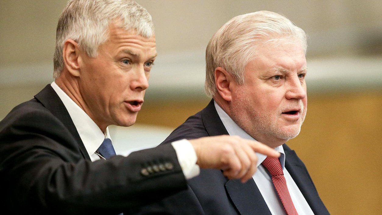 Руководитель фракции «Справедливая Россия» Сергей Миронов и Первый заместитель Председателя Комитета по экономической политике, промышленности, инновационному развитию и предпринимательству Валерий Гартунг