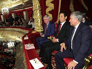 First Deputy Chairman of the State Duma Ivan Melnikov, Chairman of the State Duma Viacheslav Volodin and Chairman of the Standing Committee of the National People's Congress of the People's Republic of China Li Zhanshu