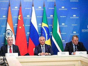 First Deputy Chairman of the State Duma Ivan Melnikov, Chairman of the State Duma Vyacheslav Volodin and Deputy Chairman of the State Duma Petr Tolstoy