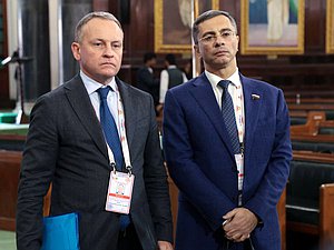 Председатель Комитета по цифровому развитию и искусственному интеллекту Александр Сидякин и Председатель Комитета по промышленности и торговле Владимир Гутенев. XII Международный Парламентский форум БРИКС