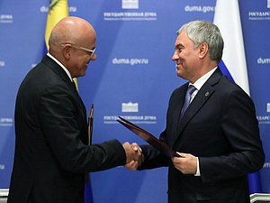 Chairman of the State Duma Vyacheslav Volodin and President of the National Assembly of the Bolivarian Republic of Venezuela Jorge Jesús Rodríguez Gómez