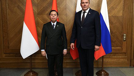 Заместитель Председателя Государственной Думы Петр Толстой и Председатель Совета представителей регионов Народного консультативного конгресса Республики Индонезии Султан Бактиар Наджамудин