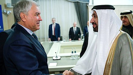 Chairman of the State Duma Vyacheslav Volodin and Speaker of the Arab Parliament Mohammed bin Ahmed Al Yamahi