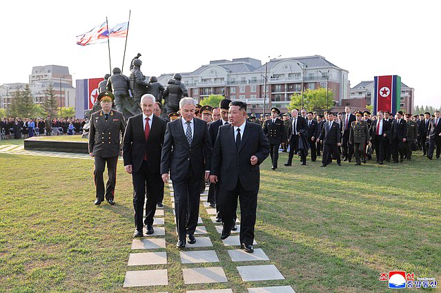 Minister of Defence of the Russian Federation Andrei Belousov, Chairman of the State Duma Vyacheslav Volodin and Chairman of State Affairs of the Democratic People's Republic of Korea Kim Jong-un. Opening ceremony of the Memorial Complex and Museum of the Military Deeds of Heroes of Foreign Military Operation. Photo credit: KCNA