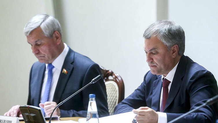 Председатель Палаты представителей Национального собрания Республики Беларусь Владимир Андрейченко и Председатель Государственной Думы Вячеслав Володин