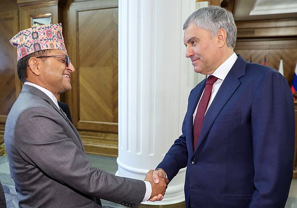 Chairman of the State Duma Vyacheslav Volodin and Chairman of the National Assembly of the Federal Parliament of Nepal Ganesh Prasad Timilsina