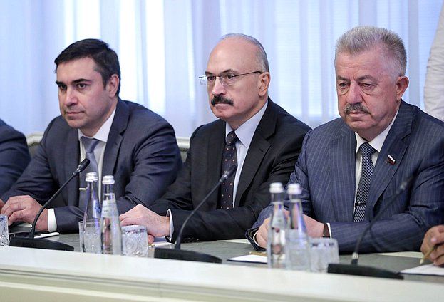 Chairman of the Committee on Health Protection Dmitry Khubezov, Chairman of the Committee on Science and Higher Education Sergey Kabyshev and First Deputy Chairman of the Committee on Issues of the Commonwealth of Independent States and Contacts with Fellow Countryman Victor Vodolatsky