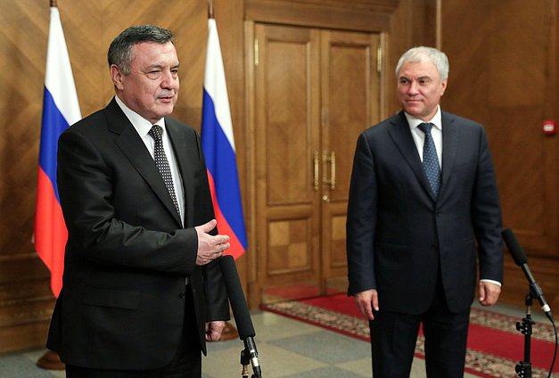 Председатель Государственной Думы Вячеслав Володин и Председатель Законодательной палаты Олий Мажлиса Республики Узбекистан Нурдинжон Исмоилов