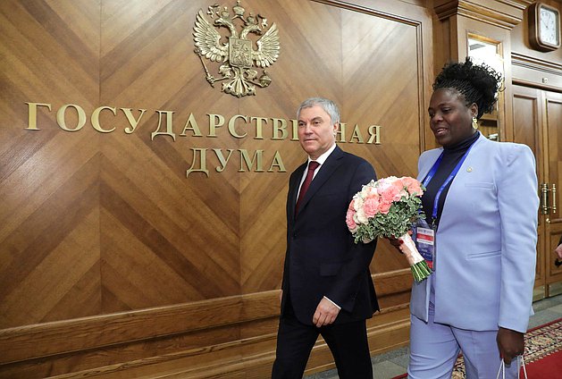 Chairman of the State Duma Vyacheslav Volodin and Speaker of the National Assembly of the Democratic Republic of São Tomé and Príncipe Celmira de Almeida do Sacramento dos Santos Lourenço