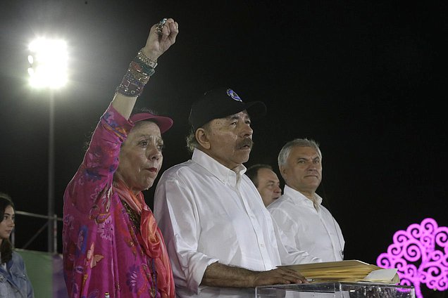 Vice President of the Republic of Nicaragua Rosario Murillo Zambrana, President of the Republic of Nicaragua Daniel Ortega Saavedra and Chairman of the State Duma Vyacheslav Volodin