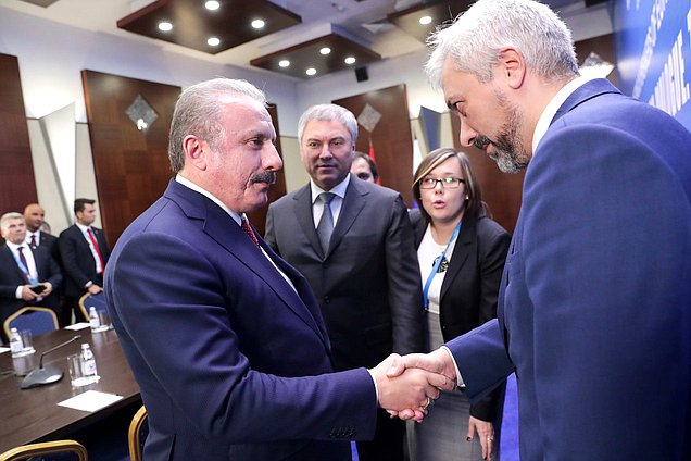 Speaker of the Grand National Assembly of Turkey Mustafa Şentop, Chairman of the State Duma Viacheslav Volodin and member of the Committee on International Affairs Evgenii Primakov