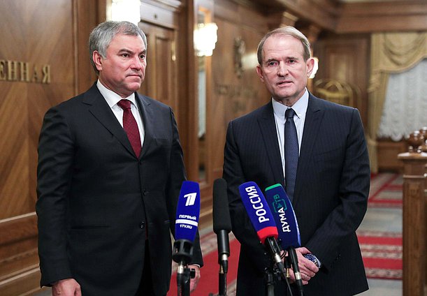 Chairman of the State Duma Viacheslav Volodin and Chairman of the Inter-Factional Parliamentary Association of the Verkhovna Rada of Ukraine ”Inter-Parliamentary Dialogue for Peace: Ukraine-Russia-Germany-France” Viktor Medvedchuk