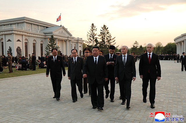Minister of Defence of the Russian Federation Andrei Belousov, Chairman of the State Duma Vyacheslav Volodin and Chairman of State Affairs of the Democratic People's Republic of Korea Kim Jong-un. Opening ceremony of the Memorial Complex and Museum of the Military Deeds of Heroes of Foreign Military Operation. Photo credit: KCNA