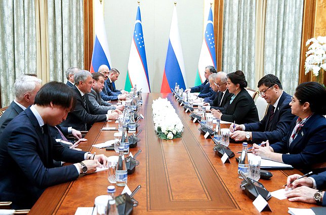 Встреча Председателя Государственной Думы Вячеслава Володина с Председателем Сената Олий Мажлиса Республики Узбекистан Танзилой Нарбаевой