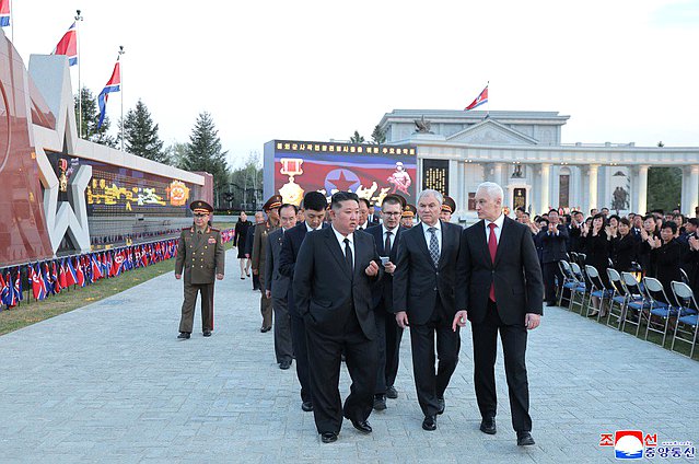 Minister of Defence of the Russian Federation Andrei Belousov, Chairman of the State Duma Vyacheslav Volodin and Chairman of State Affairs of the Democratic People's Republic of Korea Kim Jong-un. Opening ceremony of the Memorial Complex and Museum of the Military Deeds of Heroes of Foreign Military Operation. Photo credit: KCNA