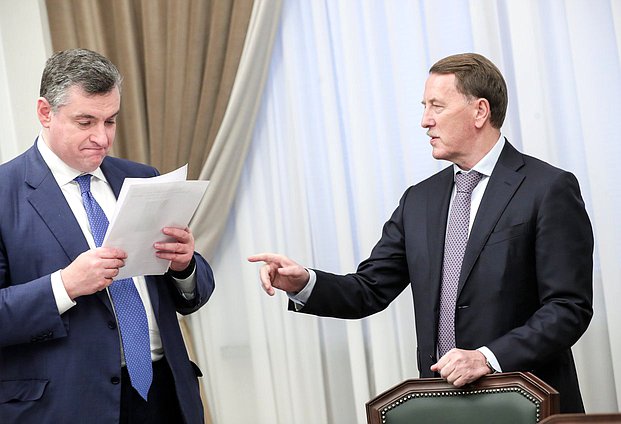 Chairman of the Committee on International Affairs Leonid Slutskiy and Deputy Chairman of the State Duma Aleksei Gordeev